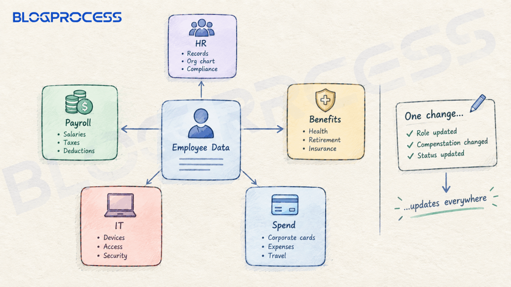 Rippling employee data connected to HR, payroll, benefits, IT, and spend