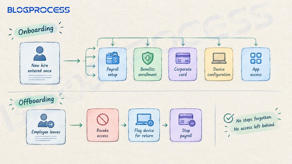 Rippling onboarding and offboarding workflow showing automated payroll, benefits, device setup, app access, access revocation, and device return.