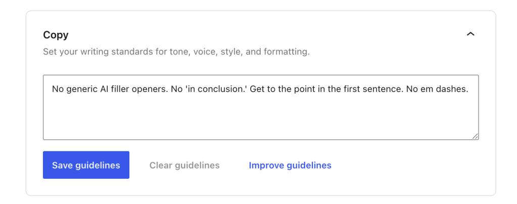 Guidelines editor showing the copy rule field with the filler phrase ban typed in, save button.