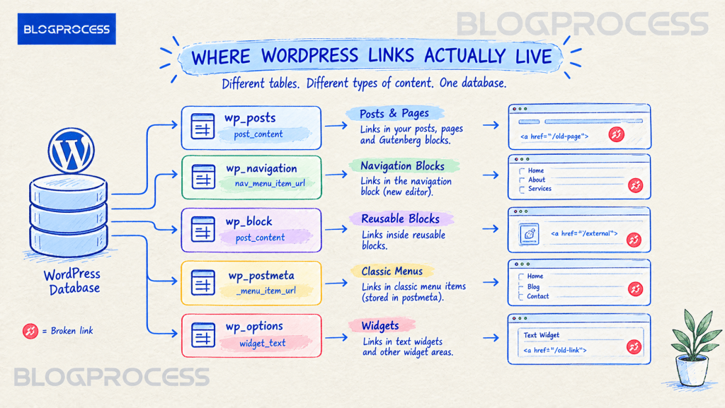 WordPress database map showing where internal links are stored in posts, navigation blocks, reusable blocks, classic menus, and widgets.