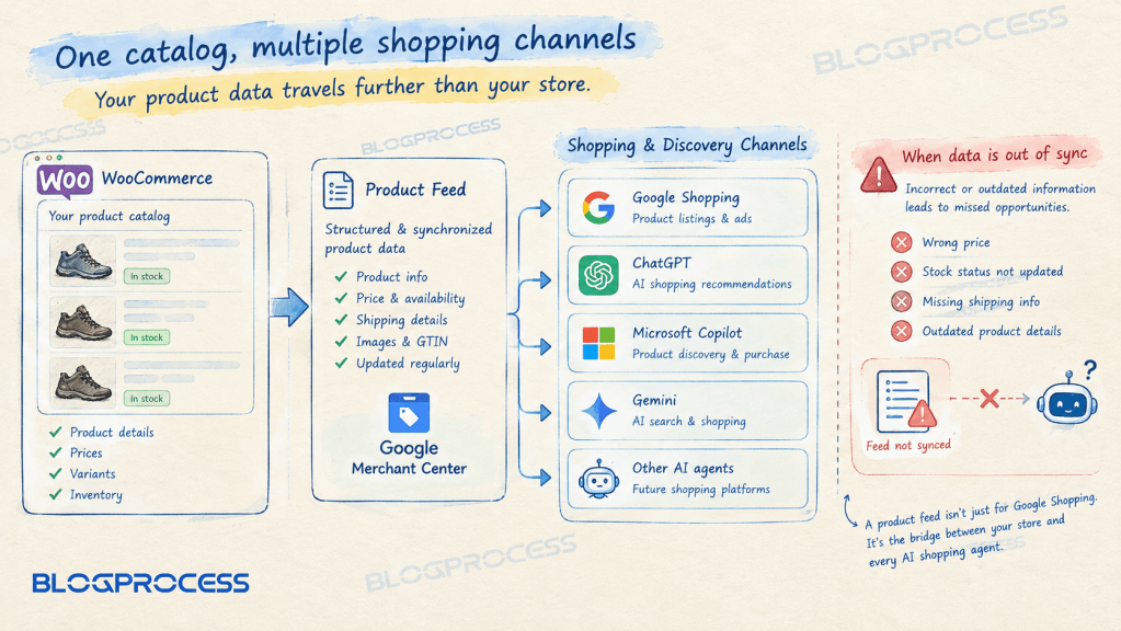 Diagram showing a WooCommerce product catalog feeding Google Merchant Center and distributing product information to Google Shopping, ChatGPT, Microsoft Copilot, Gemini, and other AI shopping platforms.