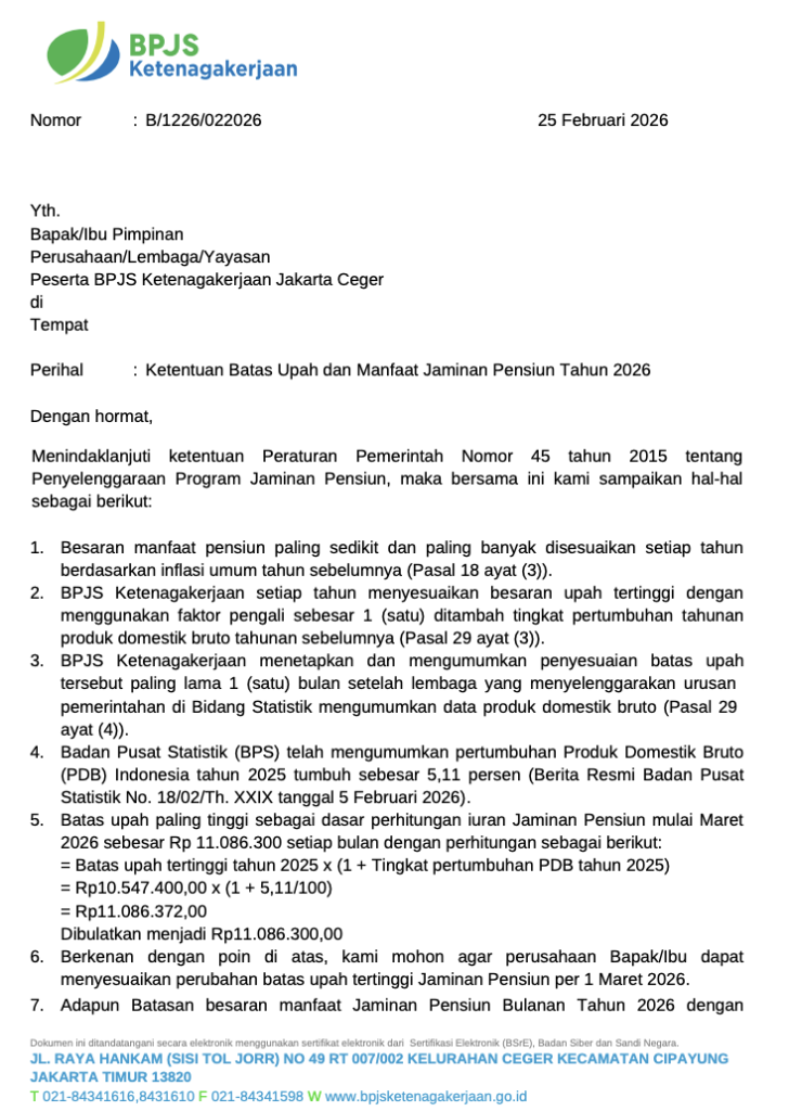 BPJS Ketenagakerjaan circular B/1226/022026 confirming the updated JP contribution ceiling effective March 2026