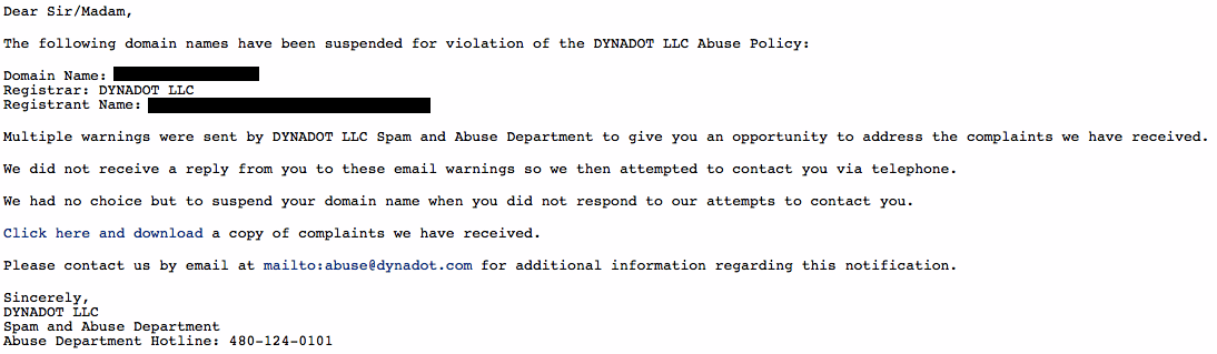 Fake Dynadot Abuse Emails Alert