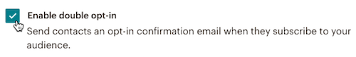 Mailchimp Audience Form settings showing the Enable double opt-in checkbox, checked